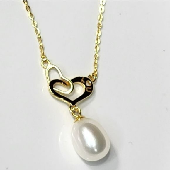 Stamped I LOVE U 18K Gold Plated Natural Drop Pearl‎ Heart Pendant Necklace 18in - Picture 4 of 14